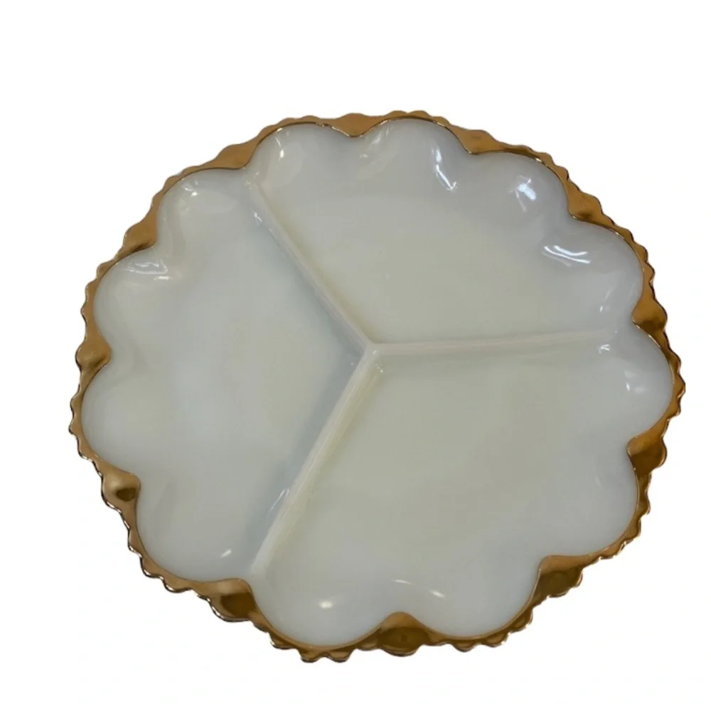 Vintage Antique Divided Serving Dish Holiday Depression Milk Glass White Gold